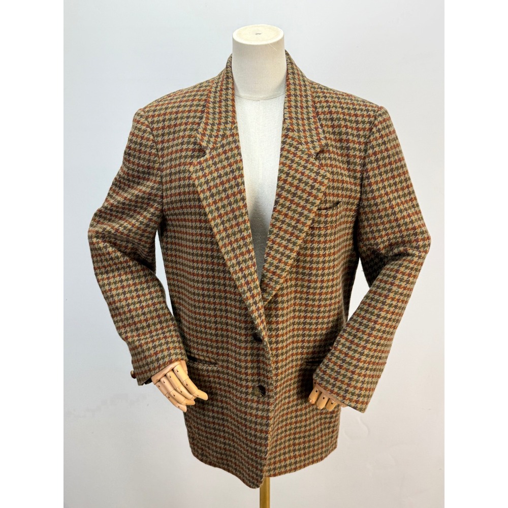 Hunt Club Vintage 100% Wool Houndstooth Blazer Jacket Brown Green Womens Medium